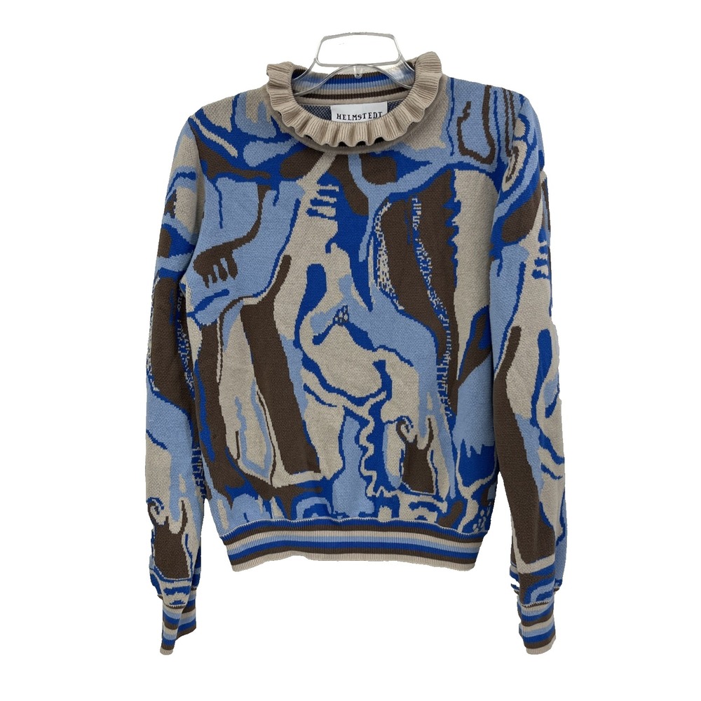 Helmstedt Alda Sweater in Dreams Blue Womens Size M Denmark Print Ruffled Collar